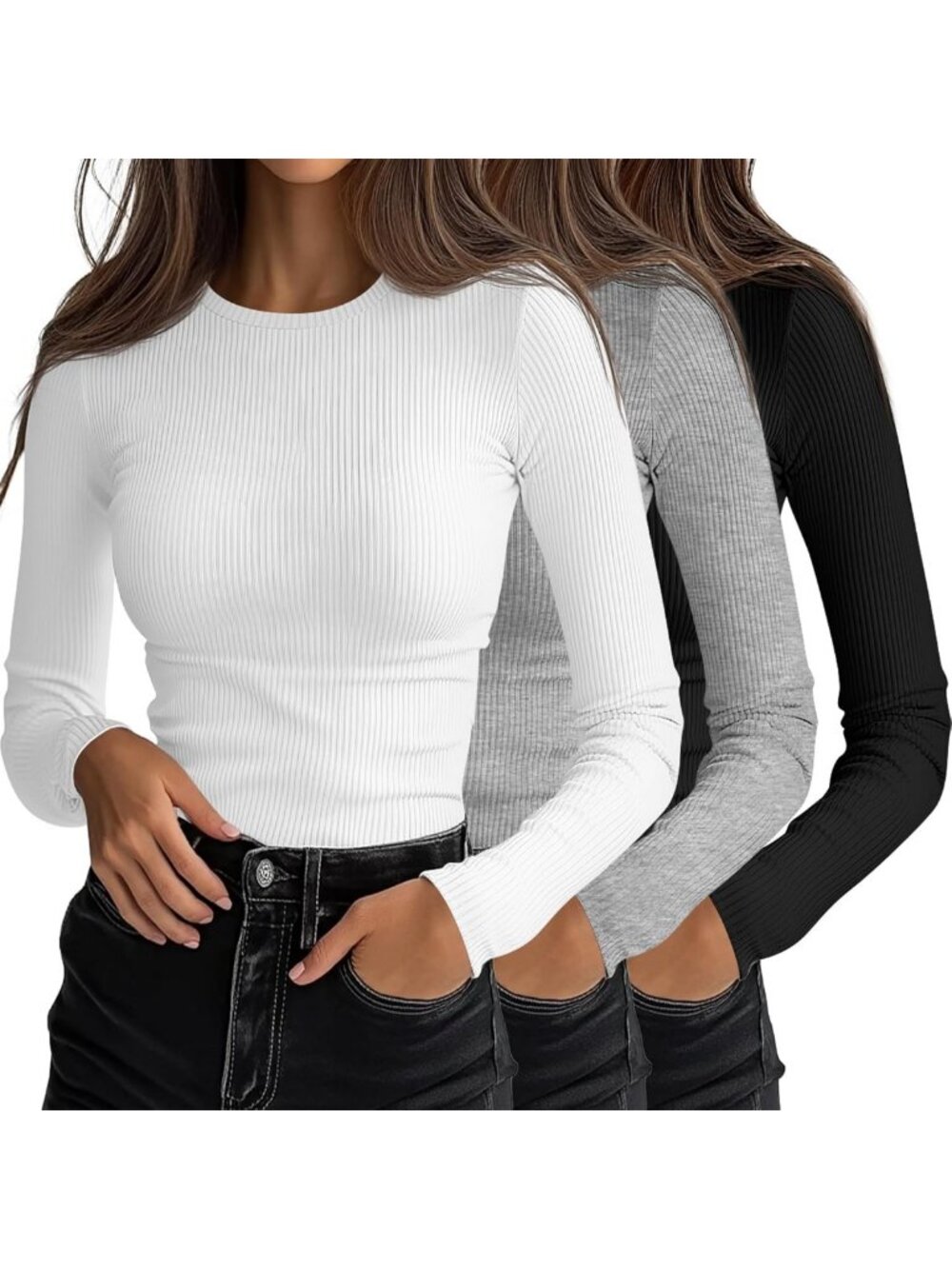3 Pack Women's Fitted Ribbed Long Sleeve Tops - Casual & Stylish Essentials